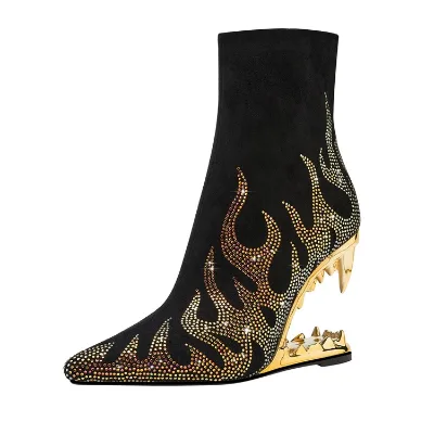 Womens Studded Ankle Boots Microfiber Leather Flame Design with Sculpted Gold Tone Heel for Party Event and Stage Occasions