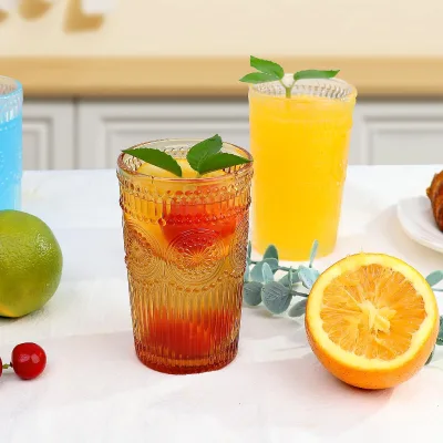 12-ounce Vintage Style Drinking Cup Set - Embossed Textured Glass Cups
