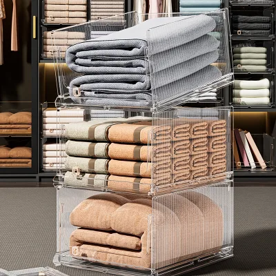 Customizable PET Clear Plastic Foldable Pull-Out Drawers Stackable Bins for Clothes Wardrobe Storage Closet Systems Organizers