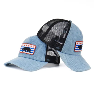 Oem Factory Wholesale Custom Animal Patch Logo 5 Panel Mesh Baseball Cap Denim Trucker Hats Custom Unstructured Trucker Hat