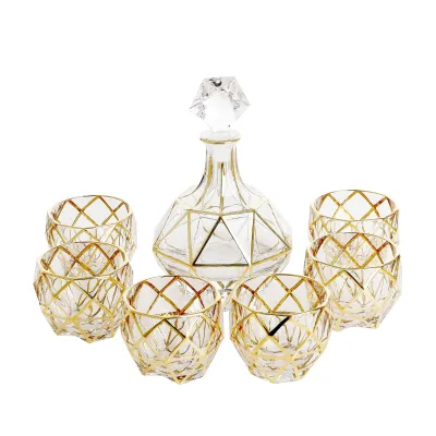 Custom Gold Rim 7 Pcs Whiskey Golden Glass Wine Decanter Set