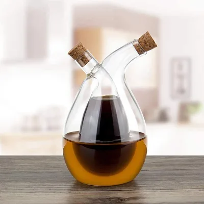 Kitchen Supplies 2 in 1 Olive Oil Dispenser Double Pourer Spout Stoppers Clear Glass Oil Vinegar Bottle Gravy Boat for Cooking