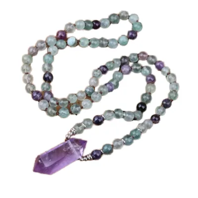 Handmade Classic Style Mala Necklace Rainbow Fluorite & Amethyst Round Beads for Yoga Jewelry Perfect Gift