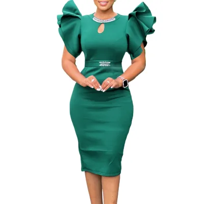 Diamond African Bodycon Dress with Round Neck Lotus Leaf Sleeve and Cross-Border Studded Party Wraps Summer Casual Dresses