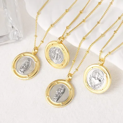 Fashion ReligionJewelry Necklace Wholesale Gold and Silver Double Tone Virgin Mary Coin Charm Pendant Necklace