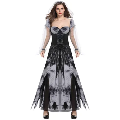 New Halloween Cosplay Horror Theme Vampire Bride With Grey And Black Dress Zombie Costume