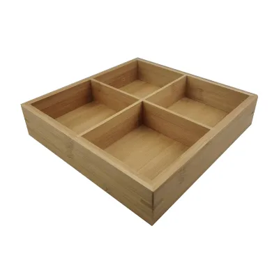Unfinished Natural Rectangular Storage Box with 4-Lattice Bamboo Drawer Organizer Polished Wood Technique