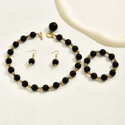 Trendy Imitation Pearl Jewelry Set with Gold Plated Copper Alloy Necklace Choker Earrings & Bracelet for Women