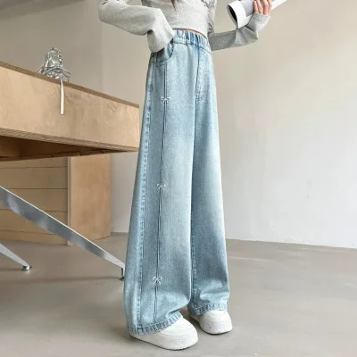 Girls for Denim Korean Style Summer Thin Elastic Waistband Wide-Leg Straight-Leg Jeans 2026 New Design Wholesale