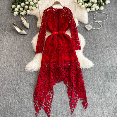 Vintage Socialite Style Dress Skirt Heart Hollow Lace Long-Sleeved Dress Evening Dress Woman