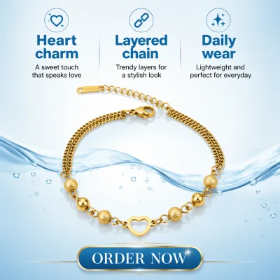 Stainless Steel Heart Bead Chain Bracelet 18K Gold Plated Double Chain Bracelet Double-layer Chain Hollow Heart Charm Bracelet