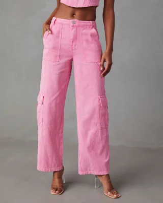Wide Legs Loose Fit Breathable Low Waist Streetwear Denim Cargo Pants Jeans for Women in Pink