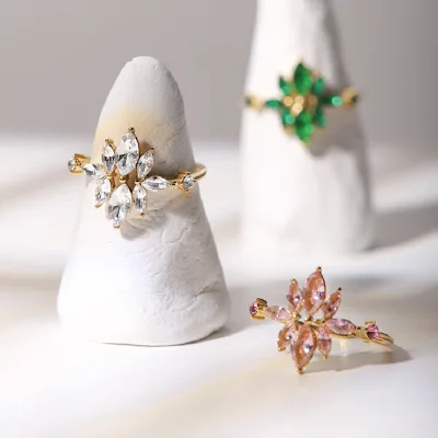 French Vintage Stainless Steel Gold Plated Inlaid Flower Shape Zircon Adjustable Ring for Women