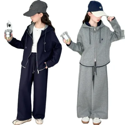 Children's Fashionable Girls Sweater Pants Two-piece Suit Cool Two-piece Set Pants Half-zipper Hooded  Casual Two-piece Set