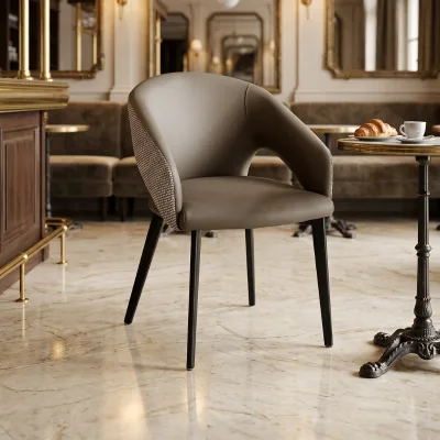 Modern Eco-Friendly Upholstered Bucket Style Dining Chair with Cutout Design in PU Leather and Black Steel Legs