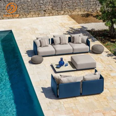 Modern Geometric Outdoor Sectional Sofa Set, Bold Navy Blue Box-Style Patio Lounge Furniture with Cream Cushions and Round Poufs
