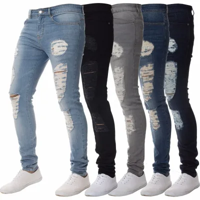 Mens Multi Color Skinny Jeans Big Hole Destroyed Elastic Stretch Washed Casual Fitted Denim Trousers