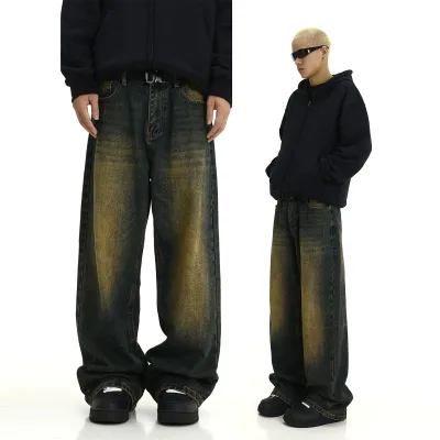 Distressed Flare Jeans High Street Vibe Straight Loose Casual Men Baggy Loose Men Wide Leg Pants Jeans