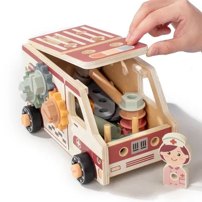 Wooden Police Car Busy Board Toy Assembly Nut Tool Car Hands-On Skill Development Screw-Tightening Educational Toy