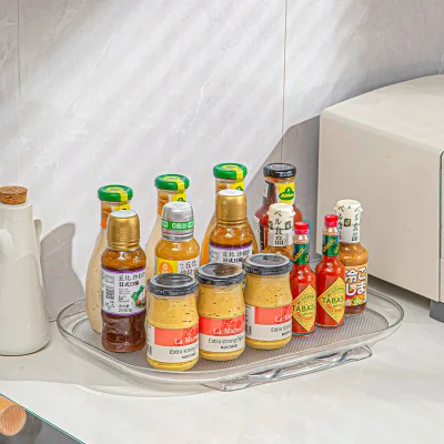 Clear Rectangular Countertop Condiment Storage Rack Turntable Organizer for Refrigerator