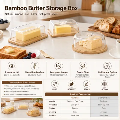 Customized Bamboo Butter Storage Box Butter Keeper Container Kitchen Butter Dish with Lid