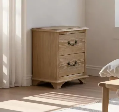 Vintage Traditional Solid Wood Bedside Table with Two Drawers and Metal Knobs Durable Brown Nightstand for Bedroom