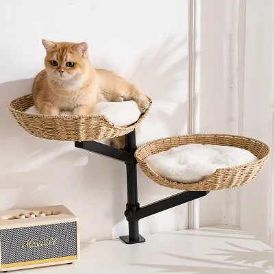 New Desktop Floating Double Layer Cat Bed Adjustable Lifting Cat Nest Fixed Space Saving Rattan Solid Wood Cat Bed Indoor