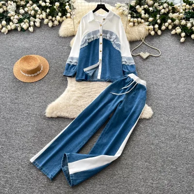 Women's Casual Denim 2 Piece Set Lace Patchwork Long Sleeve Button Up Shirt Drawstring Wide Leg Pants Spring Fall Daily Wear