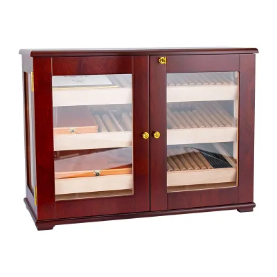 Cigar Humidor Light Luxury Design Three-Tier See-Through Window Large Capacity Double-Door Cherry Wood Grain Cigar Aging
