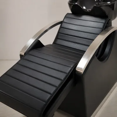 Modern Salon Backwash Unit with Electric Recliner Adjustable Footrest White Ceramic Basin and Black Shampoo Massage Chair