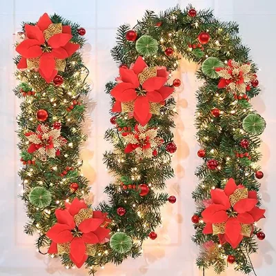 2.7m Green Christmas LED Garland PVC Artificial Xmas Tree Banner & Wreath Decorative for Holiday Home Decor