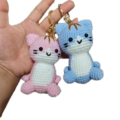 Handmade Crochet Cat Keychain Cute Kitten Plush Bag Charm Soft Cotton Knitted Animal Keyring for Purse Backpack Car Gift