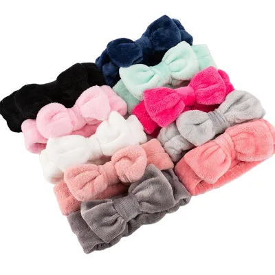 5*20 cm 35 Gram/piece Stock Ready Microfiber Fleece Coral Solid Color Spa Makeup Hair for Women Headband with Bow