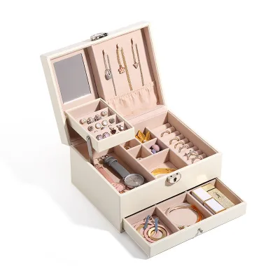 Luxury Jewelry Box Organizer With Mirror Earrings Necklace Storage Boxes Large Capacity Travel PU Leather Drawer Jewelry Box