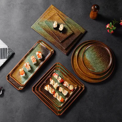 Mottled Reactive Glaze Ceramic Dinner Plate Set Brown Green Ochre Gradient Speckled Textured Rustic Sushi Serving Platter