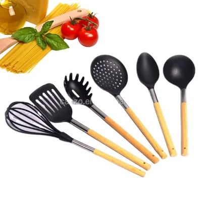 6-piece Nylon Cooking Utensil Set With Wood Handle Kitchen Accessories Egg Whisk Soup Ladle Turner Skimmer Spoon