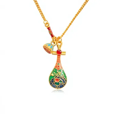 Intense Color-Preserving Vietnamese Placer Gold Enamel Fortune-Attracting Flower Pattern Copper Pipa Necklace Pendant