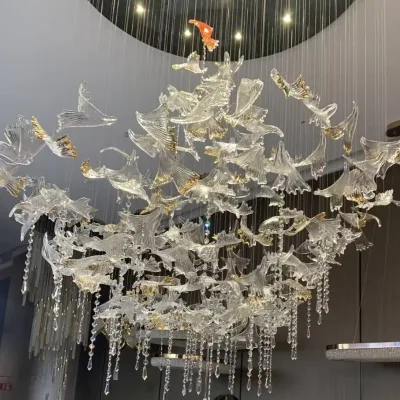 Factory Luxury Customizable Gold Edge Glass Bird LED Chandelier Pendant Light for Living Room Staircase Hotel Home Art Decor