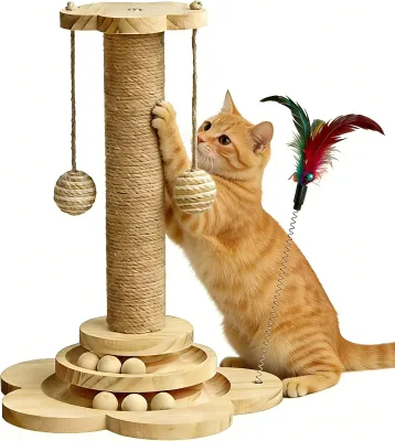 Wood Cat Scratching Post Durable Wooden Cat Tree Tower with Hemp Scratching Post Indoor Two-Layer Ball Track for Cats
