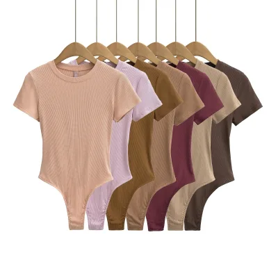 New Style for Early Spring American Elastic Thread Slim Fit Solid Color Round Neck Short-sleeved Bottoming Jumpsuit