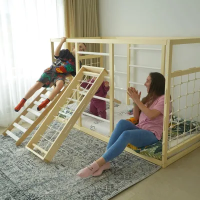 Children's Floor Bed, Equipped with Two Climbing Frames That Allow for Climbing From All Sides. It Is Sturdy and Safe
