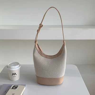 New Design Canvas PU Leather Tote Bags Summer Simple Women's Bucket Medium Brown Beach Bag