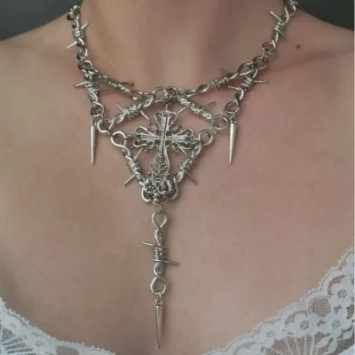Punk Alloy Link Chain Pendant Necklace with Bramble Cross and Hip Hop Spike Cone Design for Unisex Use