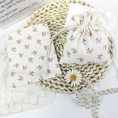 Premium Durable Cotton Drawstring Storage Pouch with Floral Pattern for Jewelry,Cosmetics
