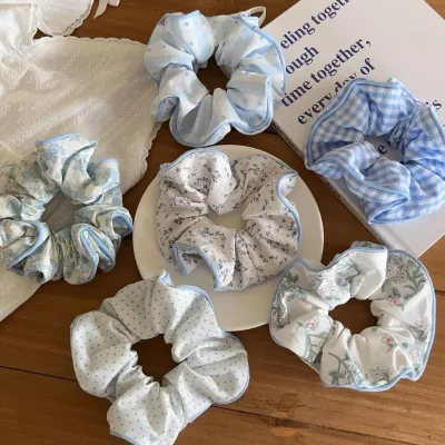 Sea Blue hair tie ,Polka-dot Plaid Floral Large Hair Ring Headband Sweet Versatile Fabric Hair Tie Hair accessories for girls