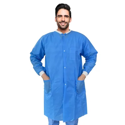 Wholesale Blue Nonwoven PP Split Lab Coat Hospital Uniform with Knitted Cuff and Collar Cleanroom Safety Clothing