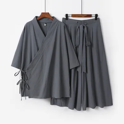 Plus Size Men Japanese Kimono Cardigan Pants Set Cotton Linen Yukata Haori Samurai Costume Harajuku Loose Jacket Suit