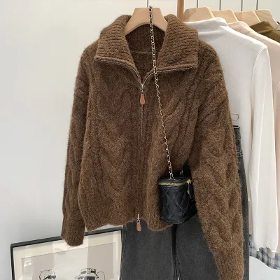 Women Half Zip Turtleneck Cable Knit Sweater Loose Long Sleeve Knitted Cardigan Outerwear