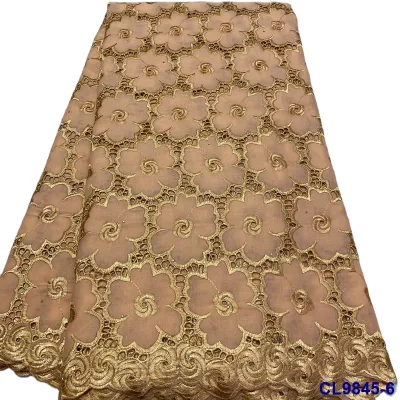 Popular Guipure Beige Lace Fabric with Pearl Sequins Eyelet Cotton Embroidery Stretchable Lace for Weddings Made in Switzerland