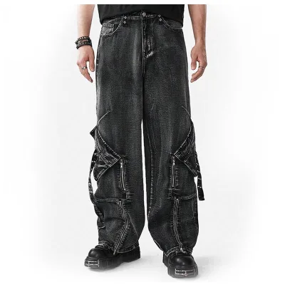 Summer Spring Autumn Eco-Friendly Breathable Mid Waist Straight Fit Cargo Jeans with Zipper and Multi Pockets Trendy Y2K Style